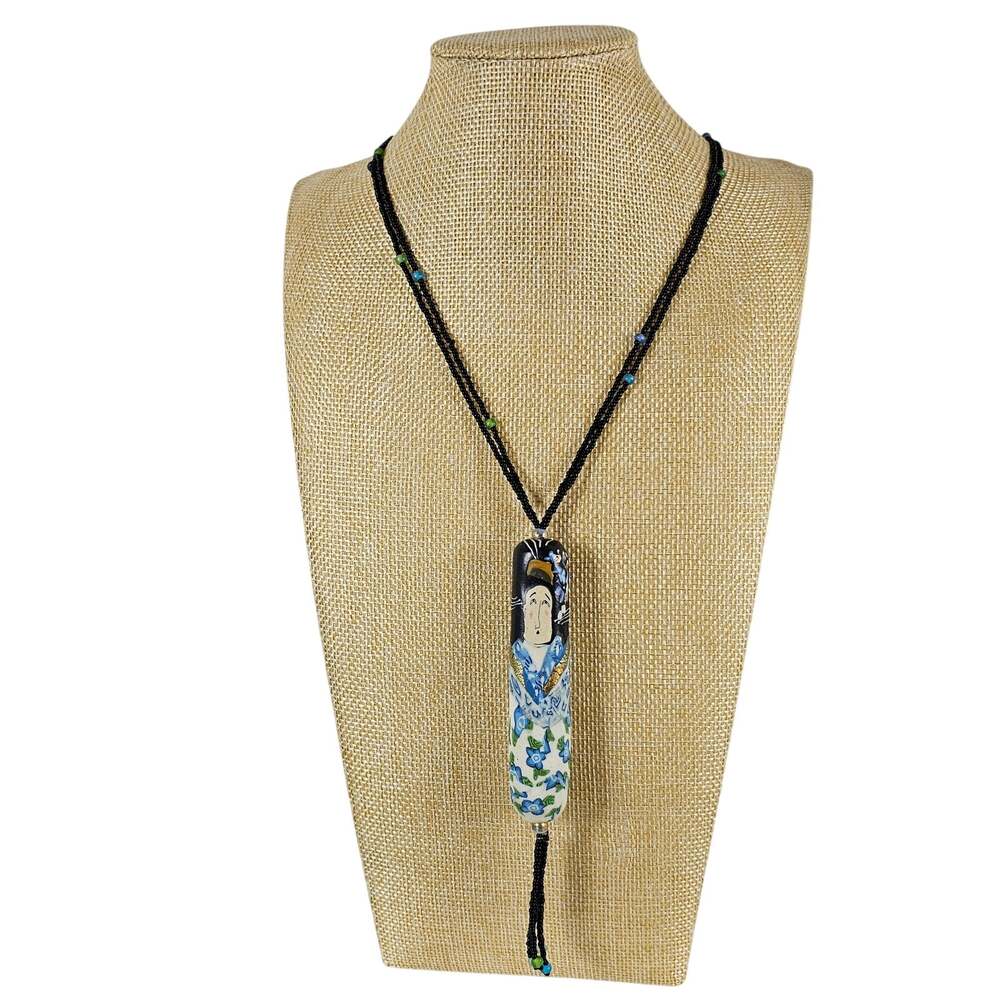 Hand Painted Asian Geisha Pendant Necklace Black Beaded 24" Blue Floral Vintage
